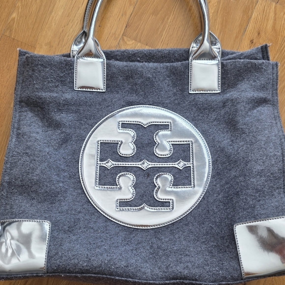 Tory Burch Handbags - Tory Burch Charcoal Gray Felt Tote with Silver Logo Accents